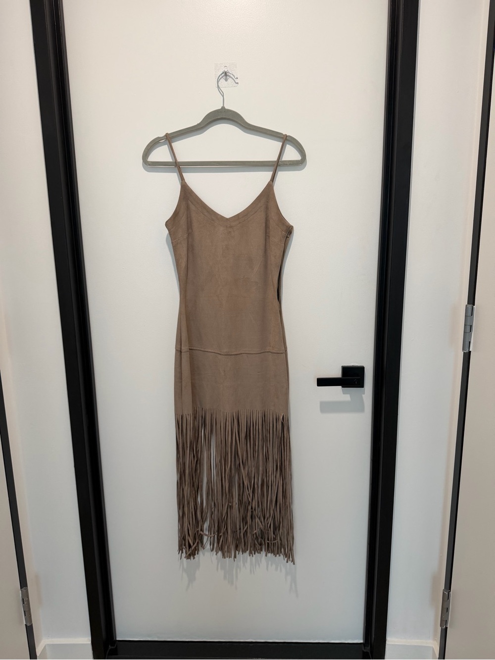 Sleeveless Fringe Suede Midi Dress - Taupe